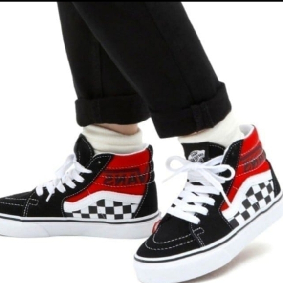 VANS Off The Wall Sk8-Hi Checkered black red Sneaker, Youth 7Y / Women's 8.5 - Picture 3 of 11
